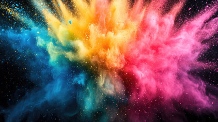 A bright explosion of multicolored powder suspended in the air, forming an abstract cloud of color in motion.の素材