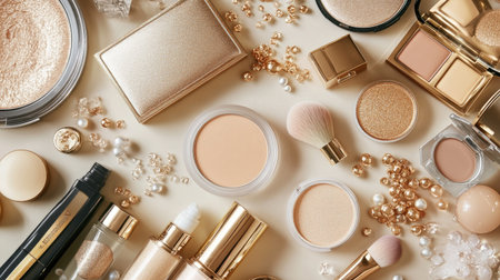 A beauty flat-lay featuring a variety of makeup products like foundation, highlighter, and blush, with a gold and silver theme.の素材