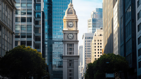 A classic city hall building in downtown, with a clock tower standing amidst more modern office blocks.の素材