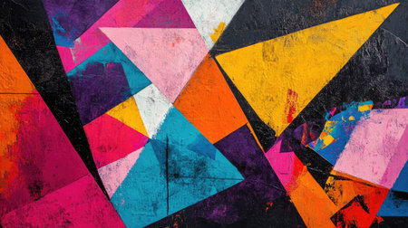 A bold abstract composition of intersecting lines and triangles in contrasting bright colors on a textured surface.の素材