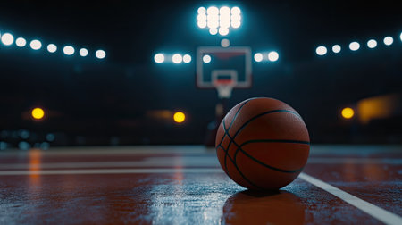 A close-up of a basketball resting on a court, with the hoop in the background under bright stadium lights.の素材