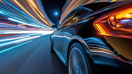 A car speeding down a highway at night, with long-exposure light streaks trailing behind, showcasing high velocity.の素材