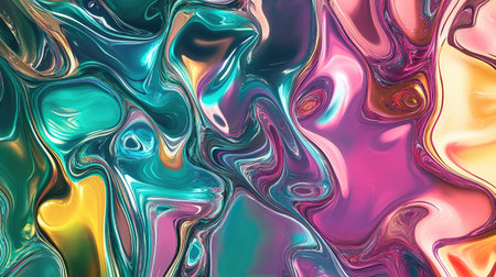 A blend of fluid metallic hues and bright colors, forming a shiny, abstract liquid metal pattern.の素材