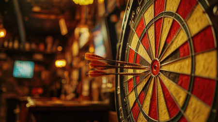 A close-up of a dartboard with darts neatly stuck in the bullseye in a lively pub setting.の素材