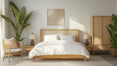 A chic bedroom with crisp white bedding, light wood furniture, and a large potted plant in the corner, bringing a touch of nature indoors.の素材