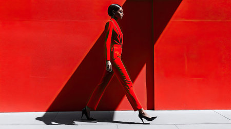 A fashion model walking confidently in a bold, monochromatic outfit, styled with sleek hair and modern accessories.の素材