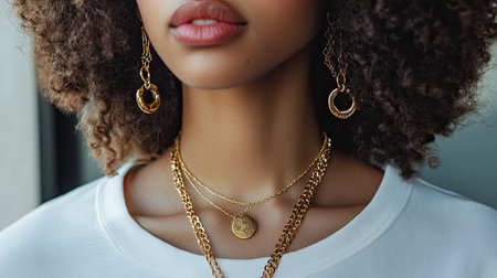 A close-up of a woman wearing layered necklaces and statement earrings, paired with a casual white tee for a chic, everyday look.の素材