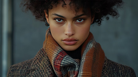 A close-up shot of a model wearing a designer scarf around her neck, paired with a luxurious wool coat.の素材