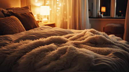A cozy bedroom with a large, comfortable bed draped in fluffy blankets and pillows, surrounded by soft, warm lighting from bedside lamps.の素材