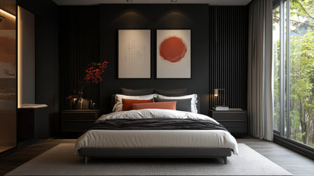 A contemporary bedroom with bold, dark walls, contrasting with light-colored bedding and modern artwork above the bed.の素材