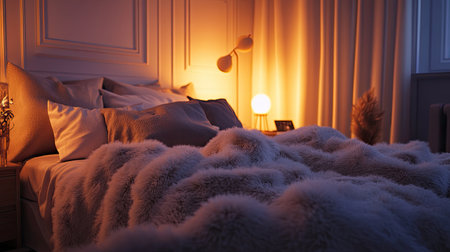A cozy bedroom with a large, comfortable bed draped in fluffy blankets and pillows, surrounded by soft, warm lighting from bedside lamps.の素材