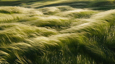 A dynamic wind effect blowing through a field of tall grass, bending the grass in synchronized waves of movement.の素材