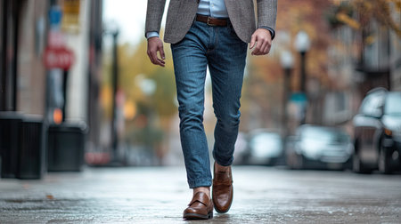 A close-up shot of a fashion-forward man wearing a tailored blazer, casual jeans, and statement loafers, walking confidently down a street.の素材