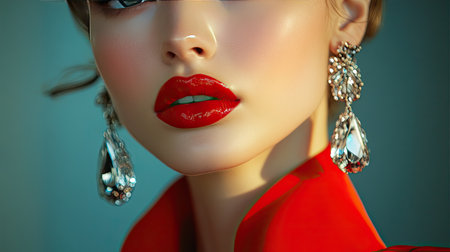 A close-up of a models red lips and large statement earrings, paired with a high-collared blouse for a glamorous look.の素材