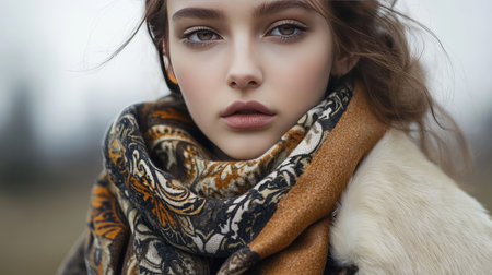 A close-up shot of a model wearing a designer scarf around her neck, paired with a luxurious wool coat.の素材