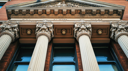 A close-up of the ornate facade of a historic downtown courthouse building with columns and intricate details.の素材