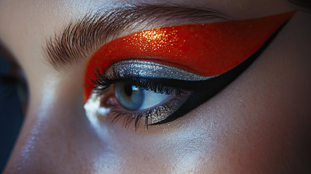 A close-up shot of bold, graphic eyeliner paired with striking metallic eyeshadow, creating an edgy fashion makeup look.の素材