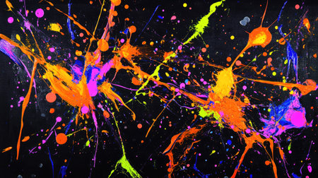 A mix of splattered neon paints forming abstract shapes on a black canvas, giving off a bold, rebellious energy.の素材