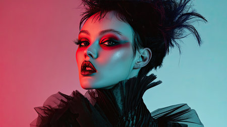 A high-fashion editorial-style photo of a model wearing avant-garde clothing with bold makeup and a striking hairstyle.の素材