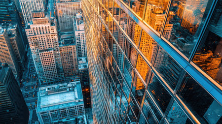 A close-up of the mirrored windows of a downtown skyscraper, reflecting the city streets and buildings below.の素材