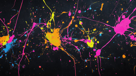 A mix of splattered neon paints forming abstract shapes on a black canvas, giving off a bold, rebellious energy.の素材