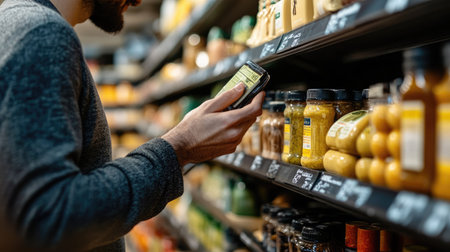 A customer inspecting the label of an organic product in a premium grocery store, representing conscious consumerism.の素材