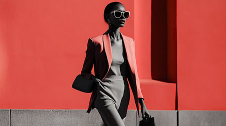 A fashion model walking confidently in a bold, monochromatic outfit, styled with sleek hair and modern accessories.の素材
