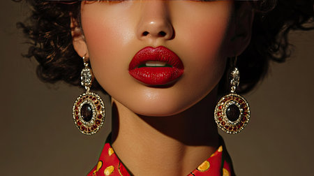 A close-up of a models red lips and large statement earrings, paired with a high-collared blouse for a glamorous look.の素材