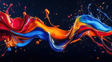 A dynamic splash of paint flying through the air, with bold colors mixing and twisting in mid-motion.の素材