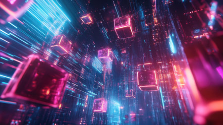 A dynamic, futuristic abstract scene with floating neon cubes and colorful digital grids in a space-like setting.の素材