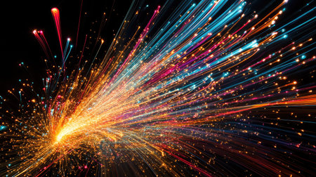 A dynamic burst of fireworks lighting up the night sky, with colorful trails of light fanning outward in motion.の素材