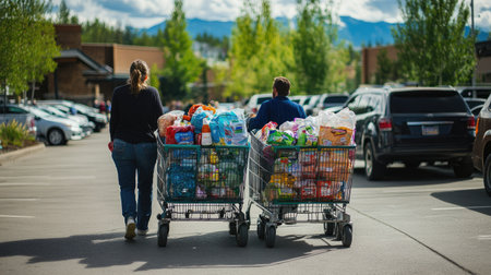 A couple pushing two full carts of groceries toward their car in a packed parking lot after a bulk shopping trip.の素材