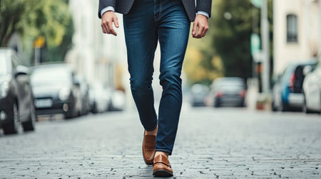 A close-up shot of a fashion-forward man wearing a tailored blazer, casual jeans, and statement loafers, walking confidently down a street.の素材