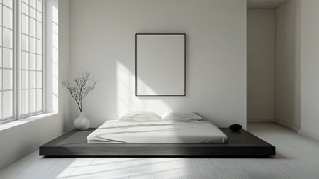 A minimalist bedroom with a monochrome color palette, featuring a low platform bed, simple artwork, and uncluttered surfaces.の素材