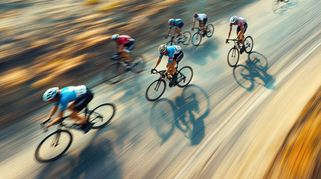 A group of cyclists racing down a hill with motion blur, emphasizing speed, competition, and fast-paced action.の素材