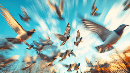 A flock of birds in flight against a blue sky, captured with dynamic motion blur to emphasize their synchronized movement.の素材