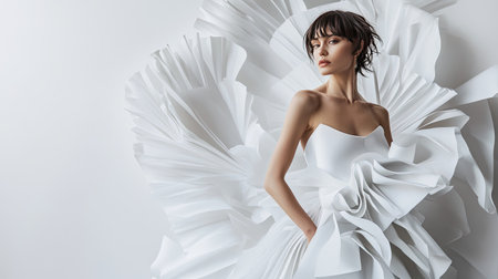 A high-fashion model posing in a sculptural dress with exaggerated proportions, set against a minimalist white background.の素材