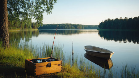 A fishing rod and tackle box placed by the edge of a serene lake, with a fishing boat in the distance.の素材