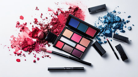 A dynamic flat-lay of eyeshadow palettes, eyeliners, and blushes, showcasing bold, contrasting colors on a white background.の素材