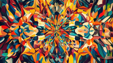 A kaleidoscope effect of mirrored, colorful shapes spinning outward in an intricate abstract pattern.の素材