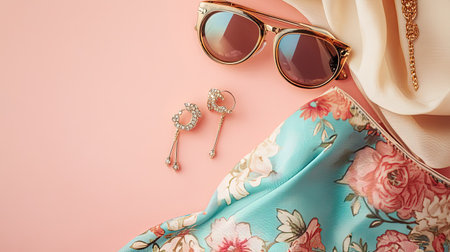 A flat-lay of a stylish purse, fashionable sunglasses, a floral scarf, and a pair of earrings, arranged on a soft, pastel backdrop.の素材