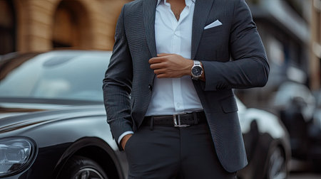 A man dressed in a fitted suit, adjusting his cufflinks while standing next to a luxury car, exuding confidence and elegance.の素材