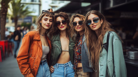 A fashion-forward group of friends wearing coordinated, stylish outfits while standing in front of a trendy urban cafe.の素材