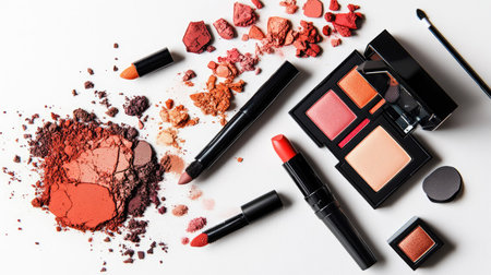 A dynamic flat-lay of eyeshadow palettes, eyeliners, and blushes, showcasing bold, contrasting colors on a white background.の素材