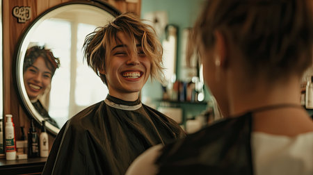 A hairstylist showing a client their new haircut in the mirror, both smiling and pleased with the result.の素材