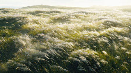 A dynamic wind effect blowing through a field of tall grass, bending the grass in synchronized waves of movement.の素材