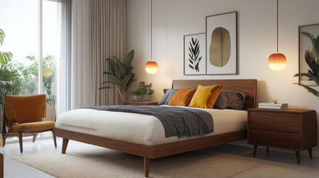 A mid-century modern bedroom with sleek wooden furniture, retro lighting fixtures, and colorful accent pillows on a neutral bedspread.の素材