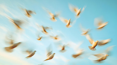 A flock of birds in flight against a blue sky, captured with dynamic motion blur to emphasize their synchronized movement.の素材