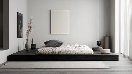 A minimalist bedroom with a monochrome color palette, featuring a low platform bed, simple artwork, and uncluttered surfaces.の素材