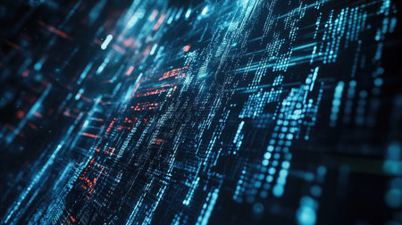 A futuristic digital background with streams of binary code flowing across, evoking a high-tech, fast-paced environment.の素材